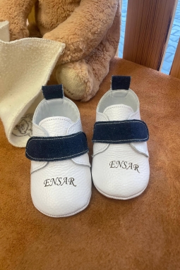 İsimli Bebek Ayakkabısı Hakiki Deri Jean Beyaz